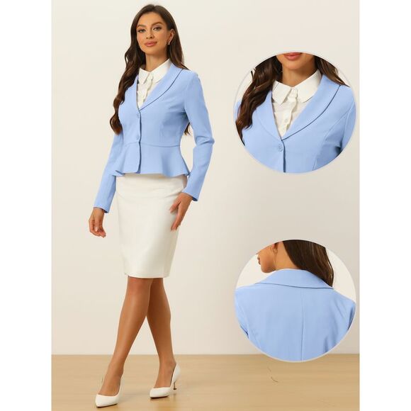 Short Blazer Lapel Ruffle Hem Work Office Blazers Light Blue - Picture 2 of 6